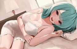 Rule 34 | 1girl, absurdres, aqua hair, bed, blunt bangs, breasts, breasts day, cleavage, commentary request, good breasts day, highres, hoshino supika, lace-trimmed nightgown, lamp, large breasts, long hair, looking at viewer, lying, masquerade channel, nightgown, on bed, on side, open mouth, oreazu, pillow, red eyes, smile, solo, virtual youtuber, white nightgown, window