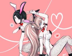 Rule 34 | 2girls, :d, alternate costume, animal ears, arm support, arm up, armband, backless leotard, bare shoulders, bear hair ornament, black leotard, blue eyes, bow, bowtie, breasts, brown hair, cleavage, closed mouth, danganronpa: trigger happy havoc, danganronpa (series), detached collar, enoshima junko, expressionless, fake animal ears, fake tail, fishnet pantyhose, fishnets, from side, hair between eyes, hair ornament, hand up, heart, highres, ikusaba mukuro, large breasts, leotard, long hair, looking at viewer, multiple girls, official alternate costume, one eye closed, open mouth, pantyhose, pink background, playboy bunny, rabbit ears, rabbit tail, red bow, red bowtie, shoes, short hair, siblings, simple background, sisters, sitting, smile, speech bubble, spoken heart, tail, tongue, tongue out, translation request, twintails, white leotard, zui nianshao