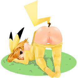 Rule 34 | 1girl, anus, ass, censored, cosplay, creatures (company), female focus, full body, game freak, gen 1 pokemon, nature, nintendo, outdoors, pikachu, pokemon, pussy, solo, top-down bottom-up, white background