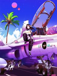 Rule 34 | 1girl, absurdres, aircraft, airplane, asymmetrical sleeves, bandaid, bandaid on face, black gloves, black hair, blue sky, cargo pants, commentary, dusk, english commentary, fighter jet, gloves, gun, handgun, highres, holding, holding gun, holding weapon, jet, leg up, light smile, military, military vehicle, mismatched sleeves, moon, multiple moons, original, pants, pistol, red moon, salute, sky, solo, star (sky), starry sky, sweater, trigger discipline, vinne, weapon