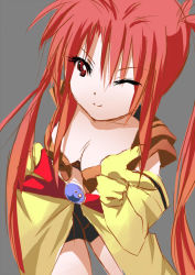 Rule 34 | 1girl, belt, breasts, cleavage, elbow gloves, gloves, grey background, long hair, midriff, nanaly fletch, red eyes, red hair, short shorts, shorts, smile, tales of (series), tales of destiny 2, twintails, wink