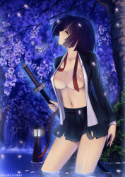 Rule 34 | 1girl, bad id, bad pixiv id, black hair, bob cut, breasts, caidychen, cherry blossoms, cowboy shot, durarara!!, closed eyes, unworn eyewear, flower, glasses, highres, large breasts, legs, necktie, no bra, open clothes, open shirt, petals, pleated skirt, shirt, short hair, skirt, solo, sonohara anri, sword, thighs, torn clothes, torn skirt, tree, wading, water, weapon