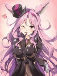 Rule 34 | 10s, 1girl, animal ears, arm between breasts, between breasts, blush, breasts, catharine (granblue fantasy), cleavage, crossed arms, erune, eyebrows, finger to mouth, fox ears, granblue fantasy, gun, hairband, hat, heart, holding, holding weapon, kosuke (bb), long hair, mini hat, mini top hat, one eye closed, open mouth, pink eyes, pink hair, smile, solo, top hat, weapon