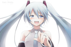 Rule 34 | 1girl, 2013, :d, blue eyes, blue hair, blue necktie, blush, collarbone, crying, crying with eyes open, dated, detached sleeves, floating hair, grey shirt, hair between eyes, hair ornament, happy birthday, hatsune miku, highres, jewelry, long hair, looking at viewer, necktie, open mouth, ring, shirt, simple background, sleeveless, sleeveless shirt, smile, solo, sudachi (calendar), tears, twintails, upper body, very long hair, vocaloid, white background