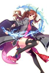 Rule 34 | 1girl, black thighhighs, brown hair, electricity, high heels, highres, horns, jacket, leg up, long hair, looking at viewer, open mouth, red eyes, shirahane nao, sky (soccer spirits), soccer spirits, solo, thighhighs, transparent background
