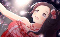 Rule 34 | 1girl, bare shoulders, black hair, bow, breasts, choker, close-up, collarbone, dot nose, dress, earrings, egami tsubaki, flower, flower earrings, frilled dress, frills, glowstick, hair bow, hair flower, hair ornament, highres, idolmaster, idolmaster cinderella girls, jewelry, katomya, large breasts, long hair, looking at another, open mouth, pearl hair ornament, pink bow, pink flower, pink rose, ponytail, purple eyes, red dress, rose, sleeveless, sleeveless dress, smile, solo, sparkle, stage lights, white choker