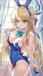 Rule 34 | 1girl, animal ears, arm at side, bare shoulders, blonde hair, blue archive, blue bow, blue eyes, blue hairband, blue leotard, blue nails, bow, bowtie, braid, breasts, briefcase, cleavage, curtains, detached collar, earpiece, earrings, fake animal ears, hairband, halo, hand up, highleg, highleg leotard, highres, himonoata, holding, holding briefcase, jewelry, leotard, long hair, medium breasts, microphone, official alternate costume, official alternate hairstyle, playboy bunny, rabbit ears, rabbit tail, solo, stud earrings, tail, thighhighs, thighs, toki (blue archive), toki (bunny) (blue archive), v, very long hair, white thighhighs, window, wrist cuffs