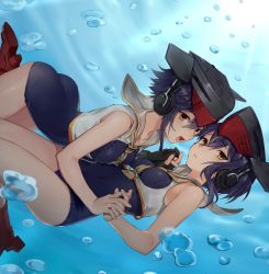 Rule 34 | 10s, :d, ass, black gloves, black hair, blue one-piece swimsuit, boots, breasts, brown eyes, fingerless gloves, gloves, hair between eyes, holding hands, hat, headphones, high heel boots, high heels, i-13 (kancolle), i-14 (kancolle), interlocked fingers, kantai collection, looking at viewer, one-piece swimsuit, open mouth, parted lips, sailor collar, short hair, single glove, sisters, small breasts, smile, sugimoto (niboshiumai), swimsuit, underwater