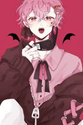 Rule 34 | 1boy, bat wings, bishounen, crossed bangs, earrings, facial mark, hair ornament, hairclip, heart, heart-shaped pupils, heart earrings, highres, jewelry, looking at viewer, male focus, muinya, open mouth, pink background, pink hair, ring, solo, sweater, symbol-shaped pupils, wings