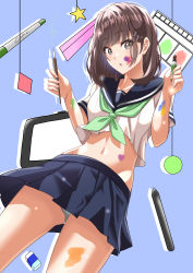 Rule 34 | 1girl, absurdres, bad id, bad pixiv id, blouse, brown hair, commentary, crop top, drawing tablet, dutch angle, eraser, green neckerchief, highres, holding, long hair, navel, neckerchief, open mouth, original, paint, paintbrush, panties, pleated skirt, sailor collar, school uniform, serafuku, shirt, short sleeves, skirt, slope (check238), solo, stomach, underwear, white panties, white shirt
