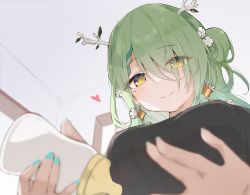 Rule 34 | 1girl, antlers, baby bottle, bottle, braid, braided bangs, branch, breasts, ceres fauna, earrings, green hair, highres, hololive, hololive english, horns, indoors, jewelry, kumoi sora, large breasts, leaf, looking at viewer, looking down, mole, mole under eye, mother and child, nail polish, single braid, smile, sweater, virtual youtuber, wavy hair, yellow eyes