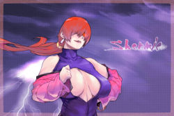 Rule 34 | 1girl, bare shoulders, breasts, cleavage, cleavage cutout, clenched hand, clothing cutout, cropped jacket, detached sleeves, earrings, hair over eyes, huge breasts, jewelry, lightning, lipstick, long hair, makeup, odekoh, off shoulder, ponytail, red hair, shermie (kof), snk, solo, the king of fighters