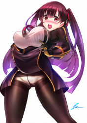 Rule 34 | 1girl, black pantyhose, blazer, blush, breasts, brown hair, cawang, clothes lift, framed breasts, girls&#039; frontline, gloves, hair ribbon, half updo, highres, jacket, large breasts, lifted by self, long hair, looking at viewer, necktie, no nose, one side up, open mouth, panties, panties under pantyhose, pantyhose, purple hair, red eyes, red necktie, red ribbon, ribbon, shirt, sidelocks, signature, simple background, skirt, skirt lift, solo, sweatdrop, thighband pantyhose, underwear, very long hair, wa2000 (girls&#039; frontline), white panties