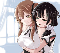 Rule 34 | 2girls, arm cutout, assault lily, bare shoulders, black hair, black ribbon, black skirt, blunt bangs, breasts, brown hair, closed mouth, clothing cutout, collared shirt, commentary, flower knot, green eyes, hair between eyes, hair ornament, hair over shoulder, hair ribbon, hair scrunchie, head on another&#039;s shoulder, heads together, heterochromia, high-waist skirt, highres, hug, hug from behind, indoors, kuo shenlin, large breasts, long hair, looking away, low ponytail, multiple girls, neck ribbon, one side up, parted lips, pink eyes, ribbon, school uniform, scrunchie, shirt, short sleeves, side ponytail, sidelocks, skirt, sleeveless, sleeveless shirt, smile, upper body, urutsu sahari, wang yujia, white scrunchie, window, yellow eyes, yuri, yurigaoka girls academy school uniform