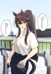 Rule 34 | 1girl, alternate costume, animal ears, black pants, breasts, brown hair, casual, cellphone, cowboy shot, cup, day, disposable cup, holding, holding cup, holding phone, horse ears, horse girl, horse tail, kudou (grass crown), long hair, narita brian (umamusume), open mouth, outdoors, pants, phone, photo background, ponytail, shirt tucked in, short sleeves, small breasts, smartphone, smile, solo, speech bubble, standing, tail, translation request, twitter username, umamusume, watermark, yellow eyes