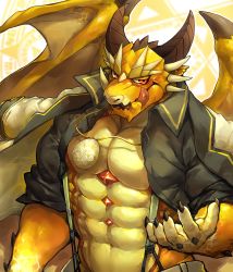 Rule 34 | 1boy, :q, abs, bara, bare pectorals, chest jewel, dragon boy, dragon horns, dragon wings, egg, furry, furry male, goshiki, highres, horns, jacket, jacket on shoulders, jewelry, large pectorals, looking at viewer, male focus, monster boy, muscular, muscular male, navel, necklace, no nipples, ophion (housamo), pectorals, scales, short hair, sleeves rolled up, solo, stomach, suspenders, tokyo houkago summoners, tongue, tongue out, upper body, wings