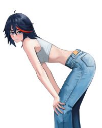 Rule 34 | 1girl, absurdres, ahoge, alternate costume, bare arms, bare shoulders, bent over, black hair, blue eyes, breasts, closed mouth, crop top, denim, feet out of frame, highres, jeans, kill la kill, matoi ryuuko, medium breasts, medium hair, multicolored hair, pants, shiny skin, short hair, simple background, smile, solo, tefi blum, white background