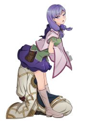 Rule 34 | 1boy, 1girl, absurdres, arms behind back, boots, cape, circlet, dated, fire emblem, fire emblem: path of radiance, fire emblem: radiant dawn, fire emblem heroes, full body, head under skirt, highres, ilyana (fire emblem), kiran (fire emblem), kiran (male) (fire emblem), knee boots, kneeling, long hair, looking back, megumo, nintendo, purple eyes, purple hair, simple background, skirt, white background