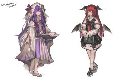 Rule 34 | 2girls, absurdres, bat wings, blue bow, book, bow, capelet, crescent, crescent hair ornament, dress, hair ornament, head wings, highres, holding, holding book, hua ha jiazi, koakuma, long hair, long sleeves, multiple girls, patchouli knowledge, purple hair, red eyes, red hair, shoes, simple background, striped clothes, striped dress, touhou, wings