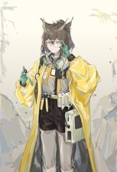 Rule 34 | 1girl, adjusting eyewear, arknights, beige background, belt pouch, black shorts, brown hair, closed mouth, coat, commentary, debris, drone, feet out of frame, gloves, goggles, green gloves, grey shirt, hair between eyes, hair bun, hands up, highres, id card, light smile, long sleeves, mask, mask around neck, medium hair, official alternate costume, open clothes, open coat, owl ears, pouch, see-through, see-through pants, shirt, shisi (qh19984), shorts, silence (arknights), silence (lacquer) (arknights), single hair bun, solo, test tube, yellow coat, yellow eyes