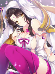 Rule 34 | 10s, 1girl, :q, bad id, bad pixiv id, black hair, breasts, cleavage, fate/extra, fate/extra ccc, fate (series), headdress, long hair, looking at viewer, purple thighhighs, sessyoin kiara, smile, solo, thighhighs, tongue, tongue out, yellow eyes, yuzu-aki