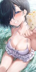 Rule 34 | 1girl, bikini, black hair, blue eyes, blush, breasts, cleavage, collarbone, commentary request, food, hair ornament, hair over one eye, highres, holding, holding food, holding popsicle, large breasts, looking at viewer, looking up, neshia (tsaqif0309), original, outdoors, parted lips, popsicle, short hair, sitting, smile, solo, swimsuit, teeth, thighs, water, white bikini