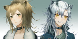 Rule 34 | 2girls, absurdres, animal ears, arknights, bad id, bad pixiv id, black choker, black jacket, blush, brown eyes, brown hair, choker, clenched teeth, collarbone, fangs, fur-trimmed jacket, fur trim, gradient background, grey background, grey shirt, high collar, highres, indra (arknights), jacket, lion ears, long hair, looking at viewer, multiple girls, portrait, shao (shaorouhong), shirt, siege (arknights), silver hair, teeth, tiger ears, v-shaped eyebrows, white background, yellow eyes