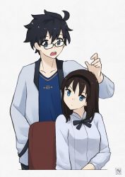 Rule 34 | 1boy, 1girl, absurdres, ahoge, artist name, black-framed eyewear, black eyes, black hair, black hairband, blue eyes, blue jacket, blue ribbon, blue shirt, chair, closed mouth, collarbone, commentary, english commentary, fav faris, glasses, hairband, hand in pocket, highres, jacket, long hair, long sleeves, looking at another, neck ribbon, open clothes, open jacket, open mouth, pocket, ribbon, shirt, short hair, sitting, teeth, tohno akiha, tohno shiki, tsukihime, tsukihime (remake), upper body, upper teeth only, white background, white shirt