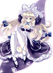 Rule 34 | 1girl, ankle lace-up, arms up, blonde hair, blue bow, blue eyes, blue ribbon, bow, breasts, cleavage, cross-laced footwear, dress, elbow gloves, female focus, gap (touhou), garter belt, garter straps, gloves, hair bow, hat, high heels, long hair, lying, multiple hair bows, neck ribbon, on back, purple eyes, ribbon, shoes, smile, solo, star (sky), thighhighs, tooya, touhou, touya (the-moon), tsurime, white gloves, white thighhighs, yakumo yukari