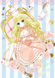Rule 34 | 10s, 1girl, artist request, beelzebub-jou no okinimesu mama., beelzebub (beelzebub-jou), blonde hair, blue eyes, blunt bangs, boots, breasts, cake, cleavage, cleavage cutout, clothing cutout, cookie, copyright name, food, full body, hair flaps, high heel boots, high heels, long hair, plate, sitting, solo, sparkle, thigh boots, thighhighs, thumbprint cookie, very long hair, wavy hair