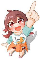 Rule 34 | ahoge, arm up, blue shirt, blush, clothes around waist, collarbone, commentary request, flat chest, hair between eyes, highres, idolmaster, idolmaster shiny colors, index finger raised, komiya kaho, long hair, long sleeves, looking up, mugenhouyou, open mouth, orange sweater, pink footwear, pointing, print shirt, red eyes, red hair, red shorts, shadow, shirt, shorts, smile, solo, sweater, sweater around waist, white background