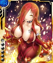 Rule 34 | 00s, 1girl, astaroth (taimanin asagi), bare shoulders, breasts, card (ex-blue), card (medium), card (pvp), cleavage, collar, dress, female focus, fire, heart, heart tattoo, large breasts, long hair, naughty face, no bra, potion (moudamepo), red hair, saliva, shiny skin, sideboob, smile, solo, tagme, taimanin (series), taimanin asagi, taimanin asagi battle arena all card gallery, taimanin asagi kessen arena, tattoo, yellow eyes