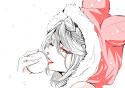 Rule 34 | 1girl, bare shoulders, braid, christmas, colored eyelashes, endakn3, erune, fraux, granblue fantasy, grey hair, licking, looking at viewer, one eye closed, red eyes, santa costume, snowball, snowing, solo, spot color, tongue, tongue out