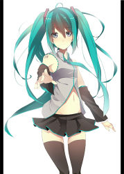 Rule 34 | 1girl, aqua eyes, aqua hair, bad id, bad pixiv id, bare shoulders, black thighhighs, detached sleeves, hatsune miku, koba, navel, necktie, pillarboxed, skirt, solo, thighhighs, twintails, vocaloid