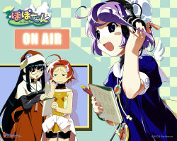 Rule 34 | 00s, 2003, 3girls, ahoge, ai (popotan), album cover, badge, bike shorts, black hair, blue eyes, blush, blush stickers, book, bun cover, button badge, clothes around waist, cover, fang, glasses, hand on own ear, hand on own ear, hat, headphones, jacket, jacket around waist, jewelry, long hair, mai (popotan), mii (popotan), multiple girls, necklace, open mouth, pen, pointing, popotan, purple hair, red hair, short hair, sweatdrop, very long hair, watanabe akio, window, wings