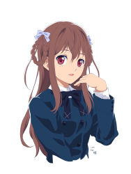 Rule 34 | 1girl, 2019, 22/7, blue bow, blue hair, blue jacket, bow, braid, braided hair rings, brown hair, dated, hair ornament, hair rings, highres, jacket, long hair, looking at viewer, neck ribbon, open mouth, pizza man, purple eyes, ribbon, school uniform, shirt, simple background, smile, solo, tachikawa ayaka, upper body, white background