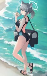 Rule 34 | 1girl, absurdres, animal ear fluff, animal ears, artist name, bag, beach, black one-piece swimsuit, blue archive, blue eyes, breasts, competition swimsuit, cross hair ornament, extra ears, full body, grey hair, hair ornament, halo, highres, holding, low ponytail, mashiro arts, medium breasts, medium hair, mismatched pupils, multicolored clothes, multicolored swimsuit, official alternate costume, one-piece swimsuit, sandals, sea urchin, shiroko (blue archive), shiroko (swimsuit) (blue archive), solo, swimsuit, waves, wolf ears