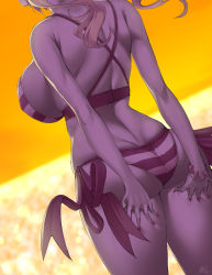 Rule 34 | 1girl, ass, back, bare shoulders, bikini, blonde hair, breasts, butt crack, commentary request, fate/grand order, fate (series), from behind, grabbing own thigh, highres, large breasts, long hair, nero claudius (fate), nero claudius (fate) (all), nero claudius (swimsuit caster) (fate), ocean, orange sky, red bikini, sideboob, sky, solo, standing, striped bikini, striped clothes, swimsuit, thighs, twilight, twintails, uo denim