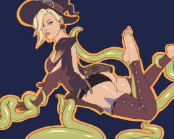 Rule 34 | 1girl, ass, bare back, bare shoulders, barefoot, blonde hair, blue eyes, elbow gloves, feet, feet up, gloves, halloween costume, hat, highres, kataaoyoc, mercy (overwatch), official alternate costume, overwatch, overwatch 1, pumpkin, solo, tentacles, thighhighs, toes, witch, witch hat, witch mercy, zettai ryouiki