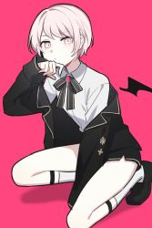 Rule 34 | 1other, akiyama mizuki, black bow, black bowtie, black footwear, black jacket, black shorts, bow, bowtie, closed mouth, covering own mouth, expressionless, full body, hand over own mouth, highres, jacket, long sleeves, looking at viewer, off shoulder, other focus, pink background, pink eyes, pink hair, project sekai, shirt, shoes, short hair, shorts, sidelocks, socks, solo, waka (wk4444), white shirt, white socks