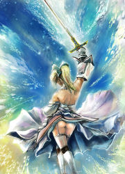 Rule 34 | 1girl, arm up, armor, artoria pendragon (all), artoria pendragon (fate), ass, back, backless dress, backless outfit, bccp, blonde hair, caliburn (fate), capcom, clothes lift, crossed legs, dress, dress lift, fate/stay night, fate/unlimited codes, fate (series), from behind, garter straps, greaves, highres, long hair, ponytail, saber (fate), saber lily, solo, standing, sword, thighhighs, watson cross, weapon