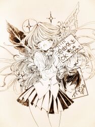 Rule 34 | 1boy, 1girl, ahoge, angel wings, asymmetrical wings, aya carmine, braid, closed eyes, collared shirt, cowboy shot, floating hair, flower wings, greyscale, hair between eyes, happy, highres, hitomi hirosuke (sayonara wo oshiete), holding, holding sign, leaf wings, long hair, millipen (medium), mismatched wings, monochrome, neck ribbon, open mouth, plant wings, pleated skirt, ribbon, sayonara wo oshiete, school uniform, shirt, side braids, sign, simple background, skirt, smile, snake, sparkle, sugamo mutsuki, tendril, traditional media, very long hair, vest, wings