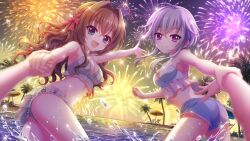 2girls :d aerial_fireworks ahoge ass beach beach_umbrella bikini bikini_shorts blue_eyes bow breasts brown_hair chair cleavage closed_mouth dot_nose film_grain fireworks game_cg grey_hair hair_bow hair_intakes hair_ribbon holding_another&#039;s_wrist holding_hands horizon ichijou_ruka izumi_tsubasu long_hair looking_at_viewer lounge_chair medium_breasts multiple_girls night night_sky non-web_source ocean official_art open_mouth outdoors outstretched_arm palm_tree pov pov_hands purple_eyes re:stage! red_bow red_ribbon ribbon shikimiya_aone short_hair_with_long_locks shorts sky smile splashing swimsuit tree twisted_torso umbrella wading white_bikini