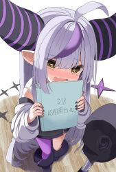 Rule 34 | 1girl, absurdly long hair, ahoge, ankle cuffs, asmr, binaural microphone, black nails, blush, book, demon girl, demon horns, demon tail, detached sleeves, highres, holding, holding book, hololive, horns, la+ darknesss, la+ darknesss (1st costume), long hair, microphone, multicolored hair, nose blush, open mouth, osisikun, pointy ears, single thighhigh, smile, solo, standing, streaked hair, tail, thighhighs, very long hair, virtual youtuber, wavy mouth, white hair