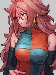 Rule 34 | 1girl, android 21, blue eyes, breasts, checkered clothes, checkered dress, closed mouth, detached sleeves, dragon ball, dragon ball fighterz, dress, earrings, glasses, grey background, hoop earrings, jewelry, kemachiku, long hair, looking to the side, medium breasts, red hair, simple background, solo, upper body