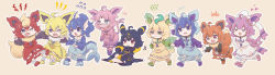 Rule 34 | 6+girls, absurdres, ahoge, animal ears, black hair, blonde hair, blue eyes, blue hair, brown eyes, cookie (touhou), creatures (company), eevee, espeon, evolutionary line, fins, flareon, game freak, gen 1 pokemon, gen 2 pokemon, gen 4 pokemon, gen 6 pokemon, glaceon, head fins, heart, highres, jolteon, leafeon, looking at another, multiple girls, nintendo, nyon (cookie), one eye closed, open mouth, pink hair, pokemon, pokemon (creature), purple hair, red eyes, red hair, short hair, sylveon, tail, tsuzuchii, umbreon, vaporeon