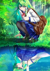 Rule 34 | 1girl, 22 zefar, bag, bare shoulders, black footwear, black pantyhose, blue sailor collar, blue skirt, blue sky, brown bag, day, detached sleeves, frog hair ornament, gohei, grass, green eyes, green hair, hair ornament, highres, kochiya sanae, lake, loafers, long hair, long sleeves, medium hair, multiple views, neckerchief, outdoors, pantyhose, pleated skirt, red neckerchief, sailor collar, school uniform, serafuku, shirt, shoes, shoulder bag, single hair tube, single sidelock, skirt, sky, snake hair ornament, squatting, touhou, tree, very long hair, white shirt, wide sleeves