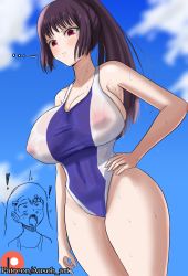 Rule 34 | !, ..., 2girls, ausoh, black hair, blue one-piece swimsuit, blush, breast envy, breasts, collarbone, competition swimsuit, hand on own hip, highres, huge breasts, ijiranaide nagatoro-san, long hair, multiple girls, nagatoro hayase, navel, nipples, one-piece swimsuit, ponytail, red eyes, see-through, sideboob, sky, standing, stomach, sunomiya sana, surprised, sweat, swimsuit, thighs, underboob, wet, wet clothes, white one-piece swimsuit