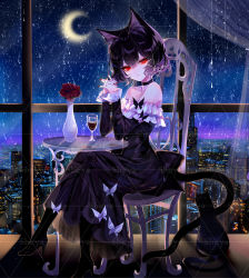 Rule 34 | 1girl, animal ears, artist name, bad id, bad pixiv id, bare shoulders, black cat, black choker, black dress, black footwear, black hair, cat, cat ears, cat tail, chair, choker, commentary, crescent moon, dress, hands up, high heels, highres, interlocked fingers, long sleeves, looking at viewer, moon, nail polish, night, night sky, off-shoulder dress, off shoulder, original, own hands together, red eyes, red nails, sheya, short hair, signature, sky, symbol-only commentary, table, tail