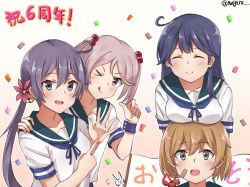 Rule 34 | 4girls, ahoge, akebono (kancolle), anniversary, bad id, bad twitter id, bandaid, bandaid on face, banner, bell, black hair, blue sailor collar, breast rest, breasts, breasts on head, brown eyes, brown hair, closed eyes, commentary request, confetti, crab, flower, gradient background, hair bell, hair bobbles, hair flower, hair ornament, jingle bell, kantai collection, large breasts, long hair, looking at viewer, meguru (megurunn), multiple girls, oboro (kancolle), one eye closed, pink eyes, pink hair, pointing, purple eyes, purple hair, rabbit, sailor collar, sazanami (kancolle), school uniform, serafuku, short hair, short sleeves, side ponytail, smile, tongue, tongue out, twintails, twitter username, upper body, ushio (kancolle), very long hair